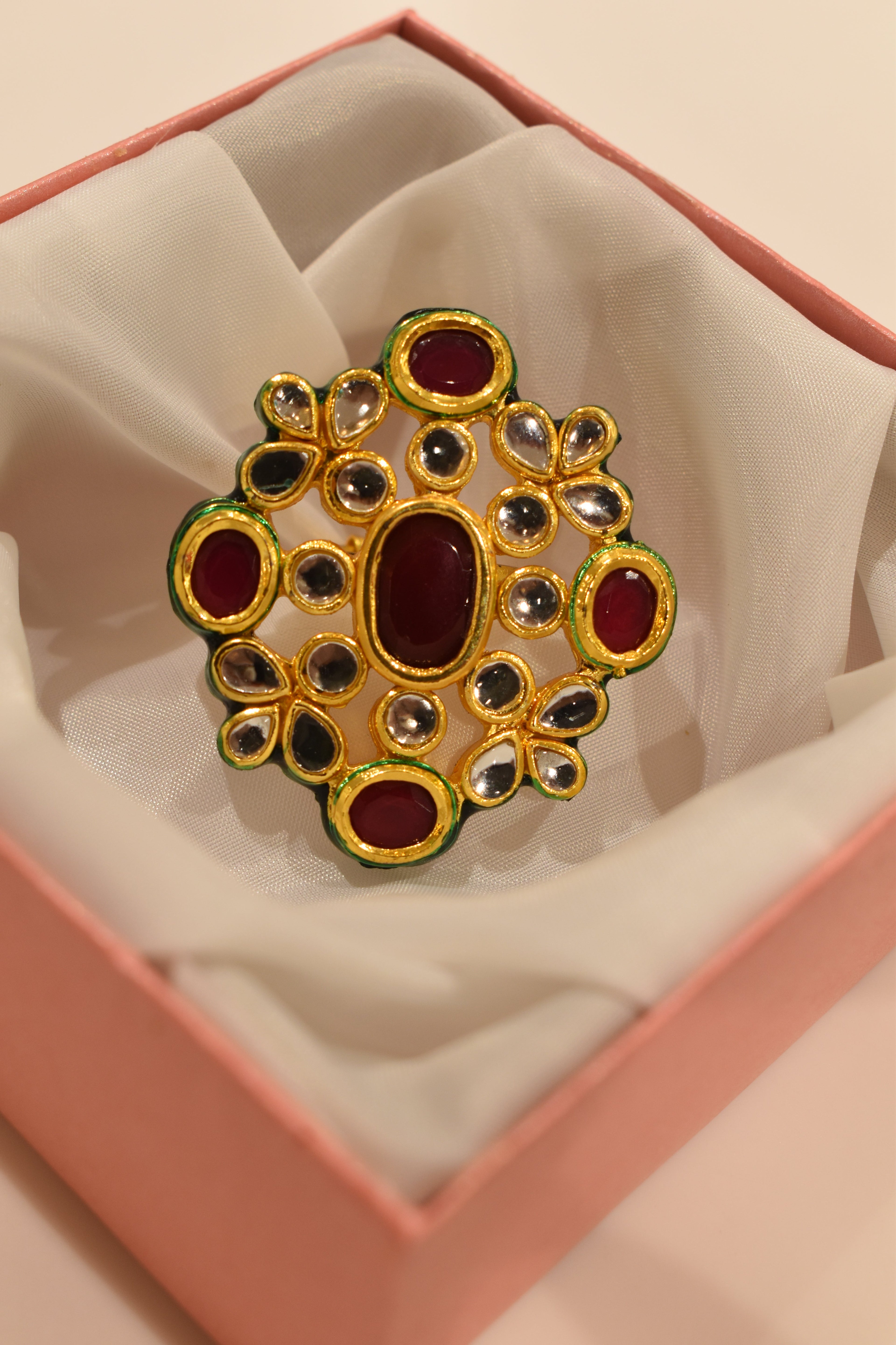 Maroon Green Kundan Ring