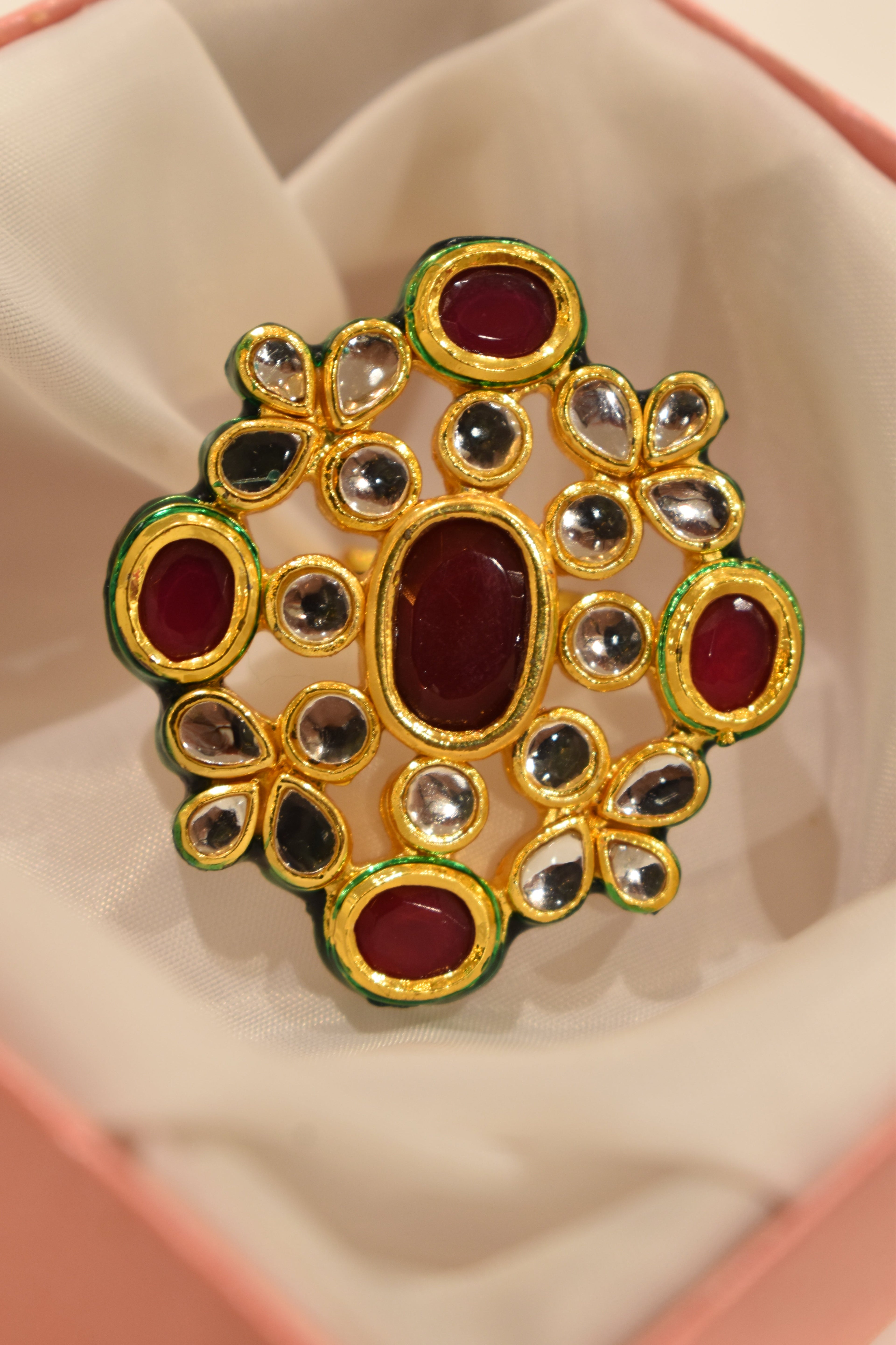 Maroon Green Kundan Ring