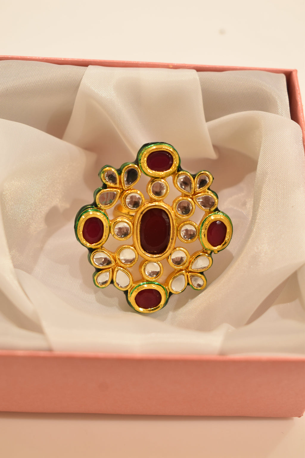 Maroon Green Kundan Ring