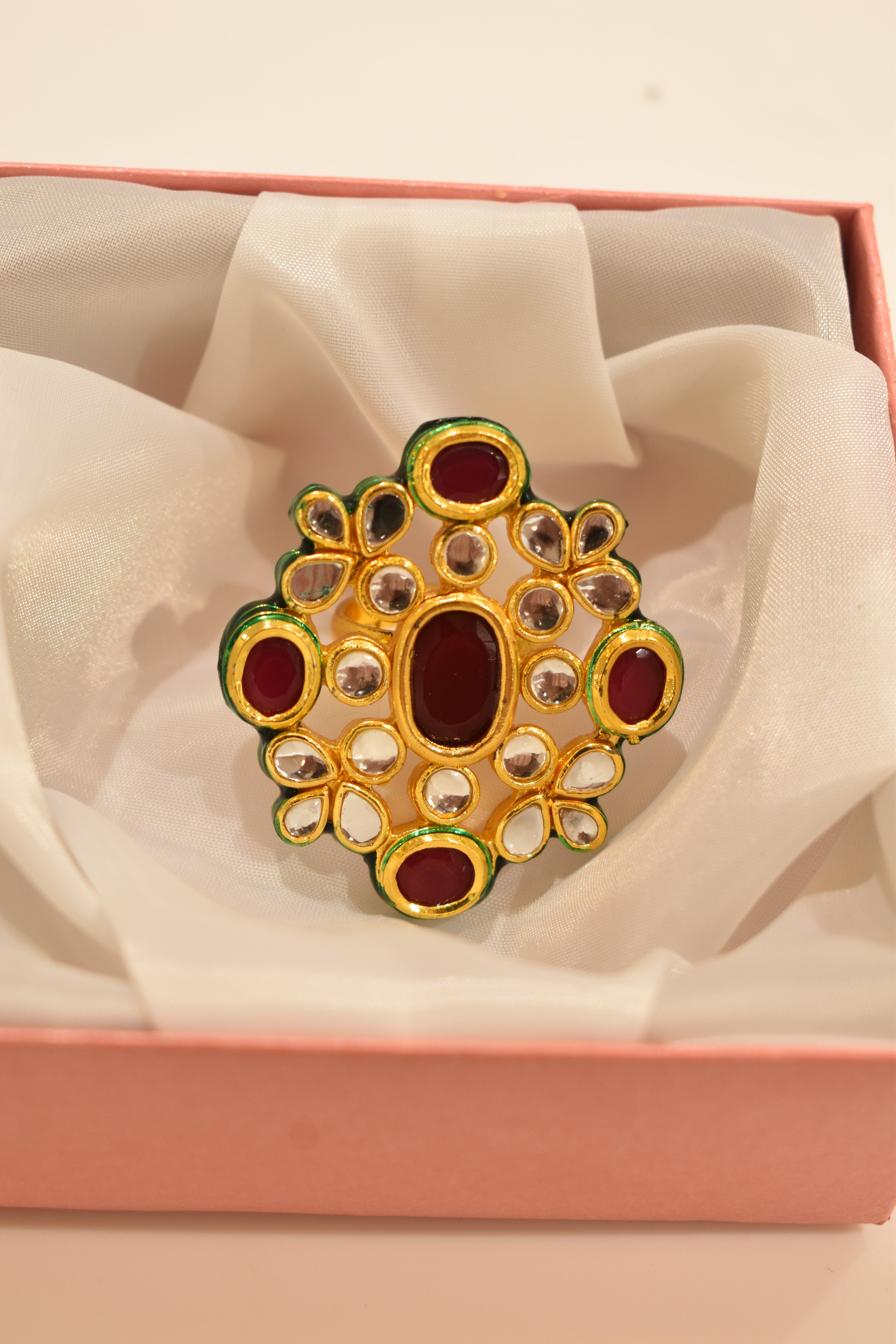 Maroon Green Kundan Ring