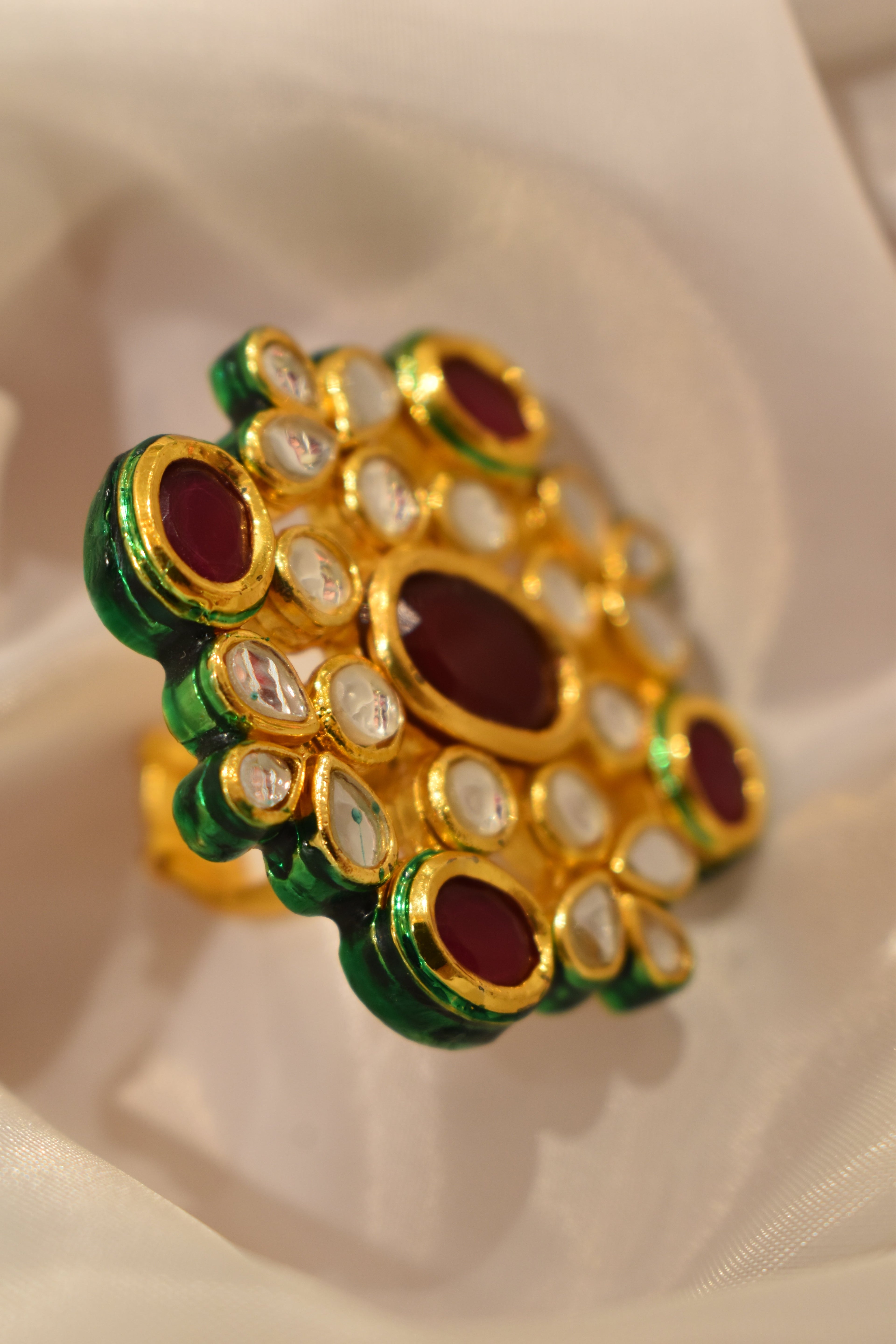Maroon Green Kundan Ring