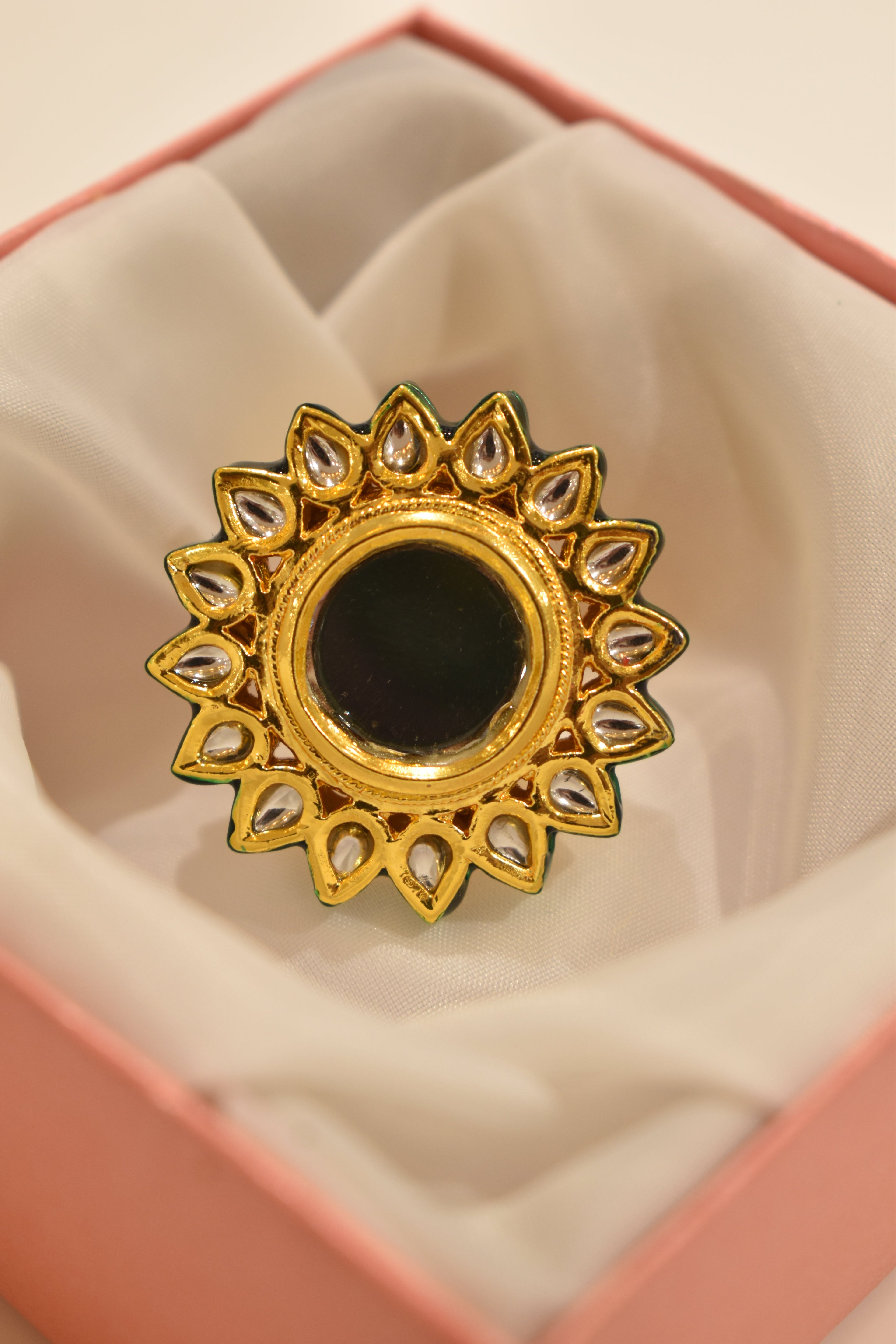 Mirror Style Green Kundan Ring
