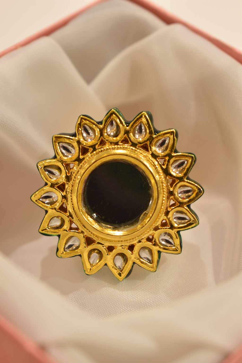 Mirror Style Green Kundan Ring