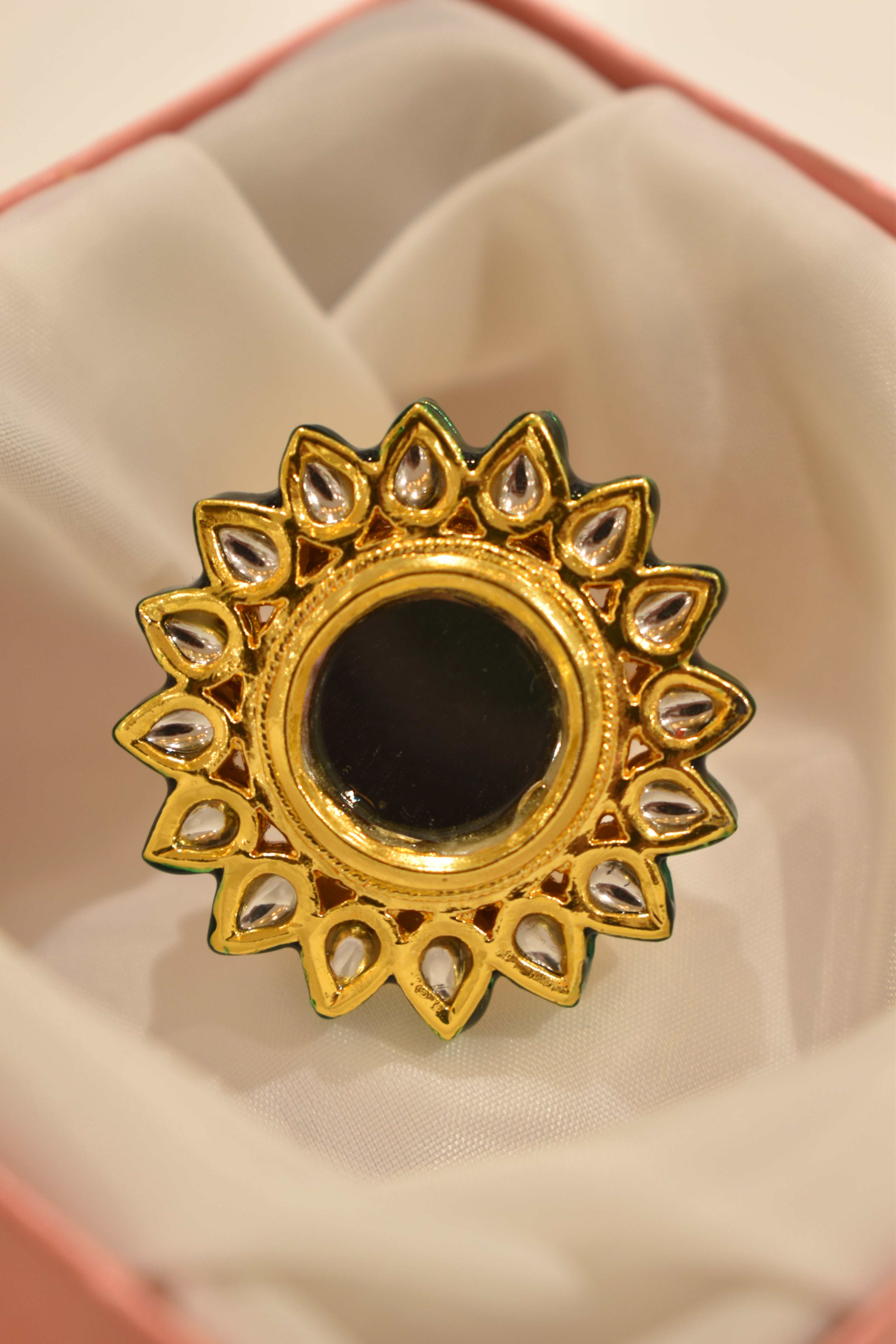 Mirror Style Green Kundan Ring