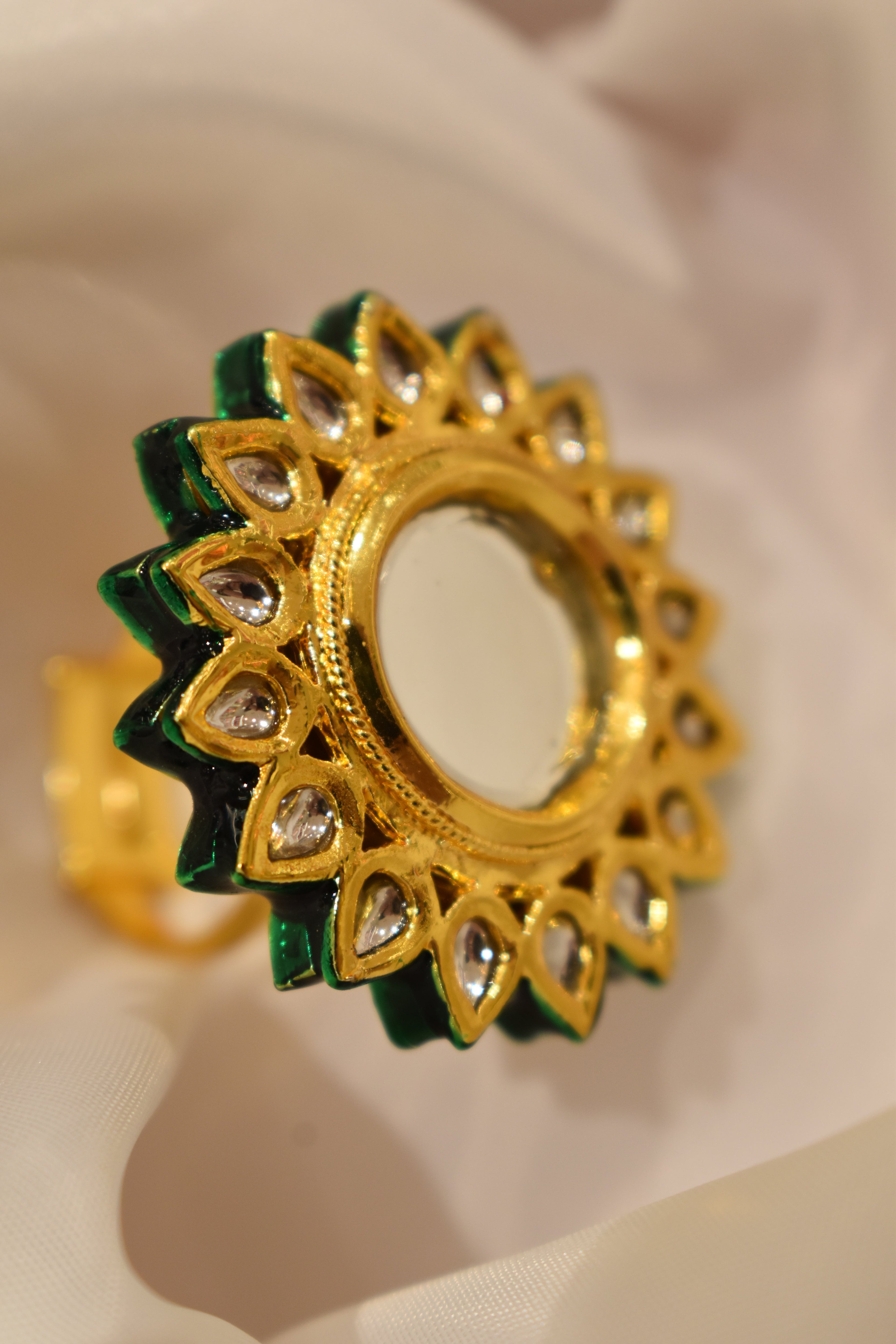 Mirror Style Green Kundan Ring