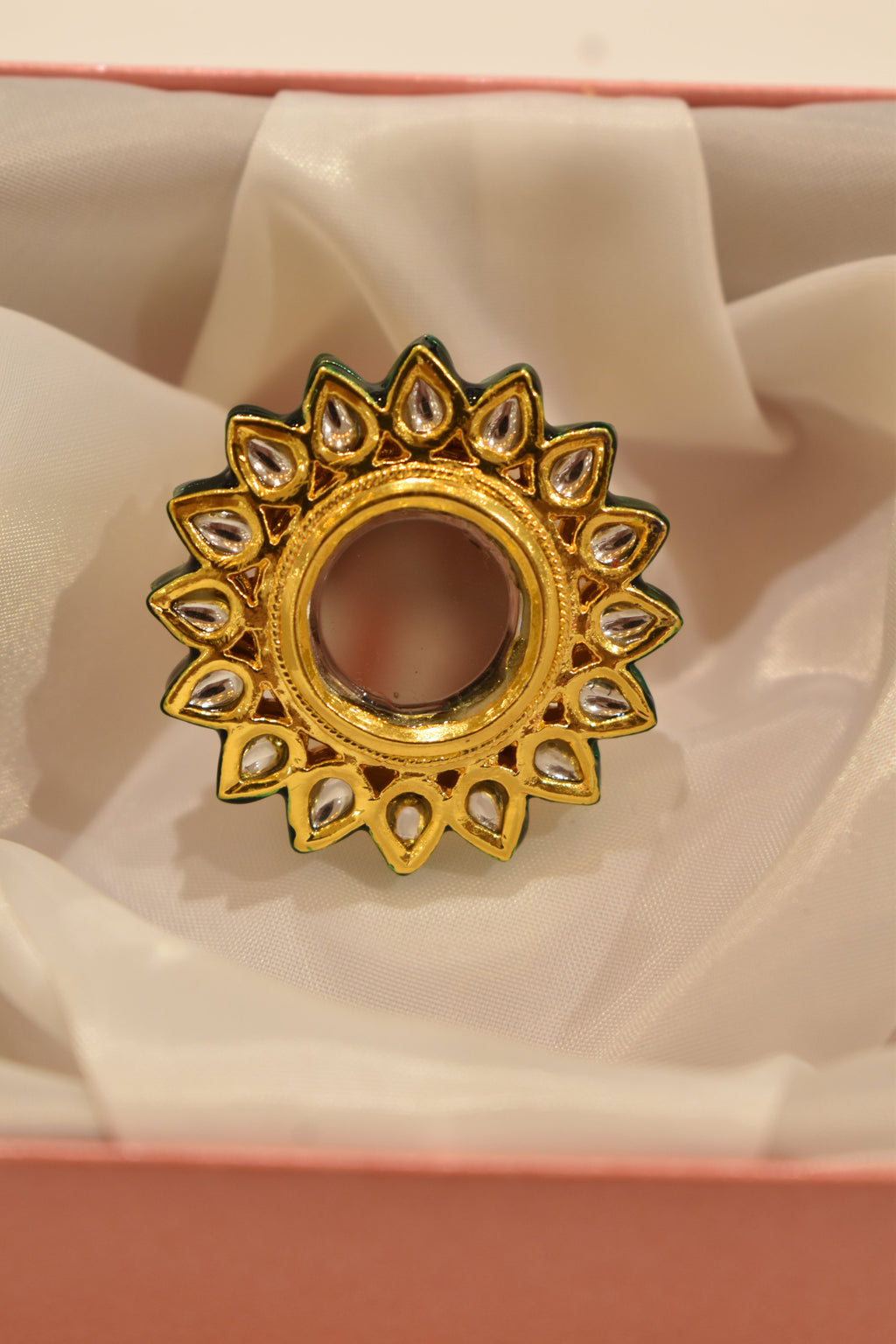 Mirror Style Green Kundan Ring