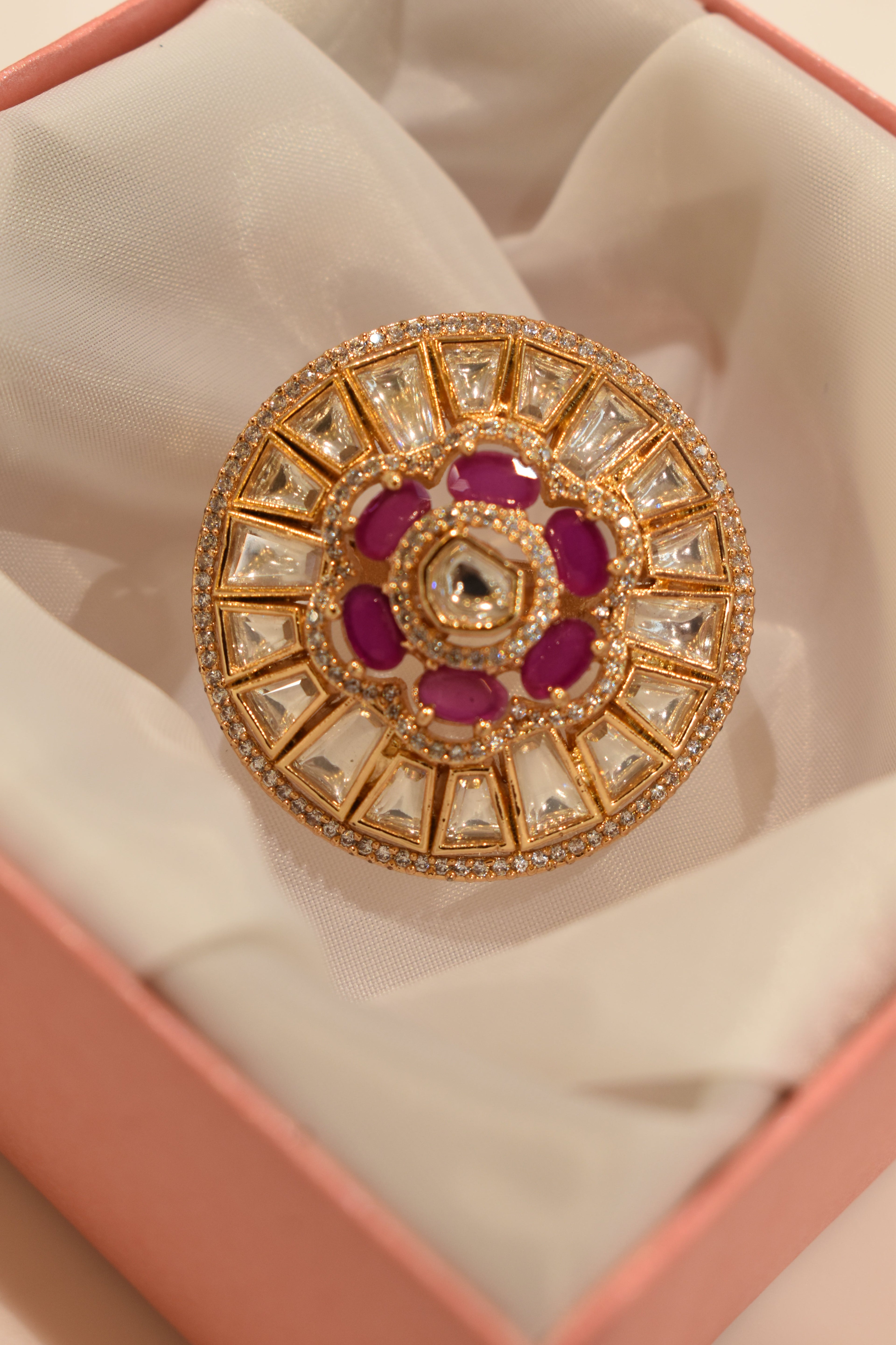 Pink Colour Kundan Ring