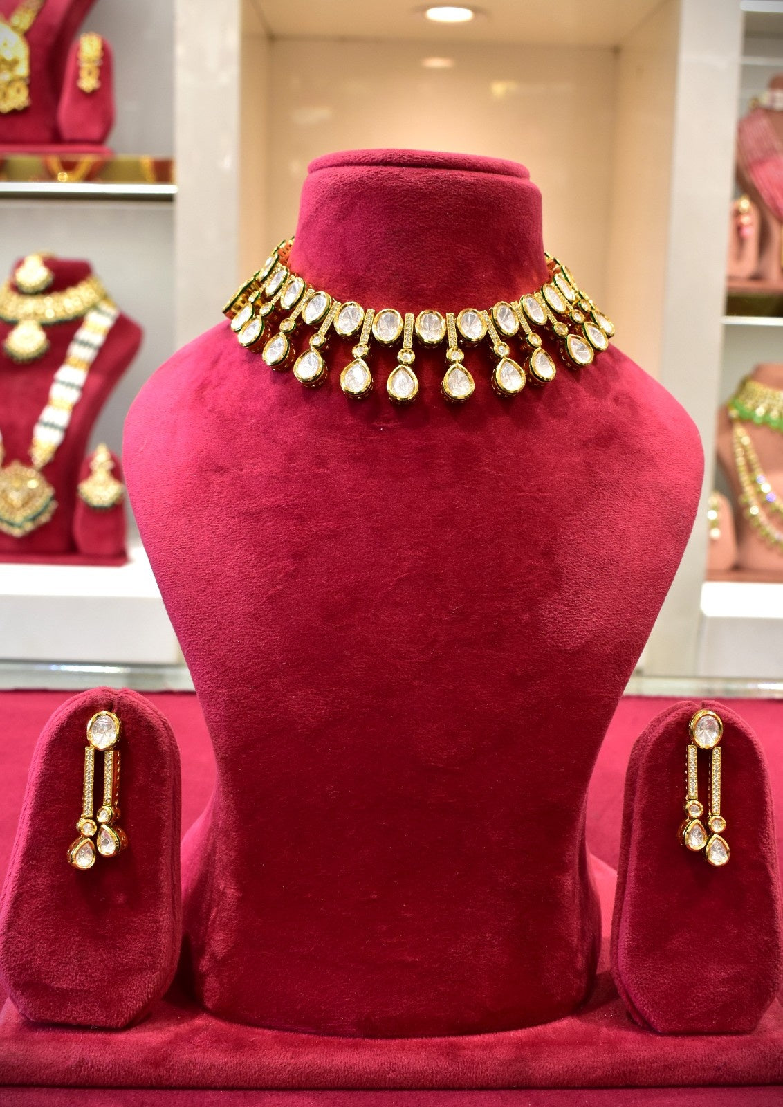 Low Neck Kundan Drop Dark Green Necklace