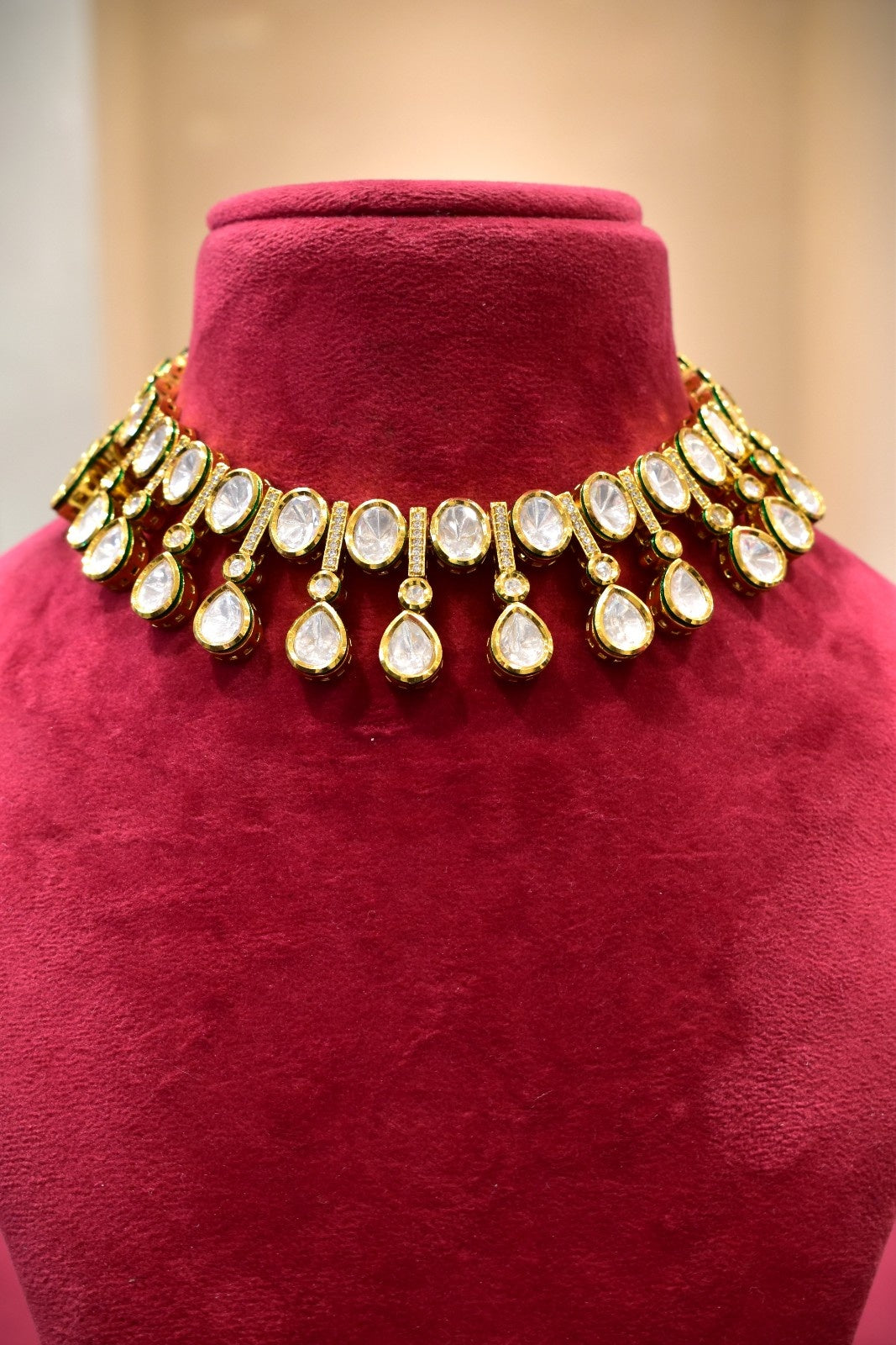 Low Neck Kundan Drop Dark Green Necklace