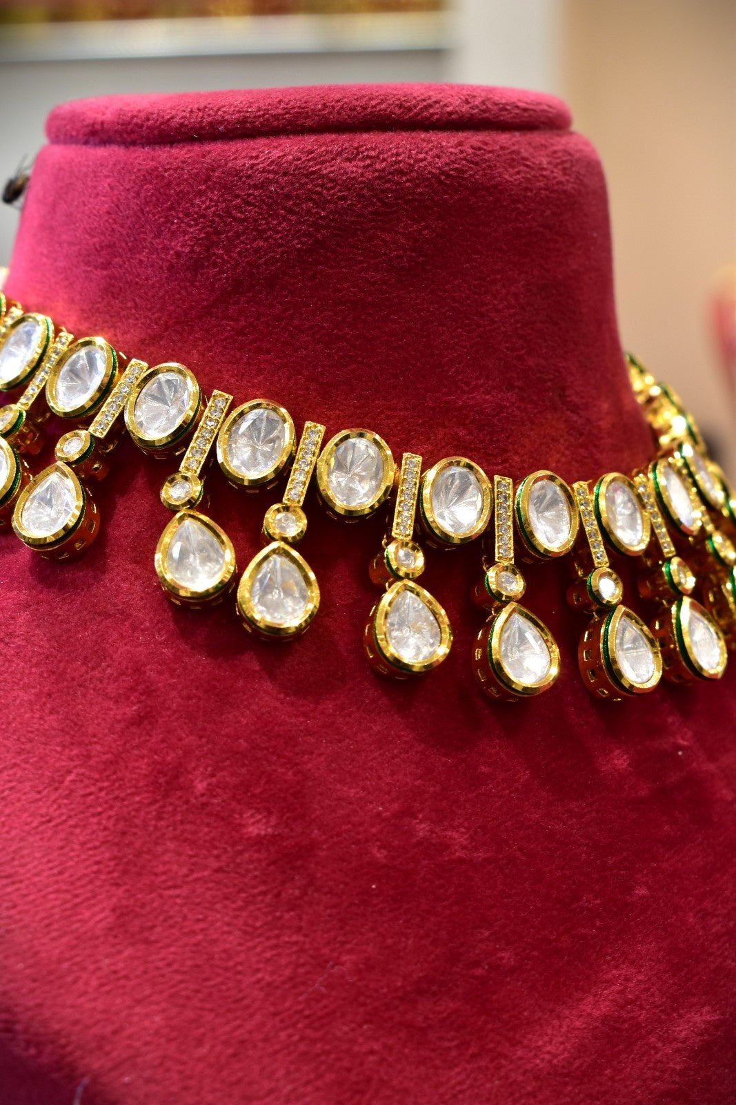 Low Neck Kundan Drop Dark Green Necklace