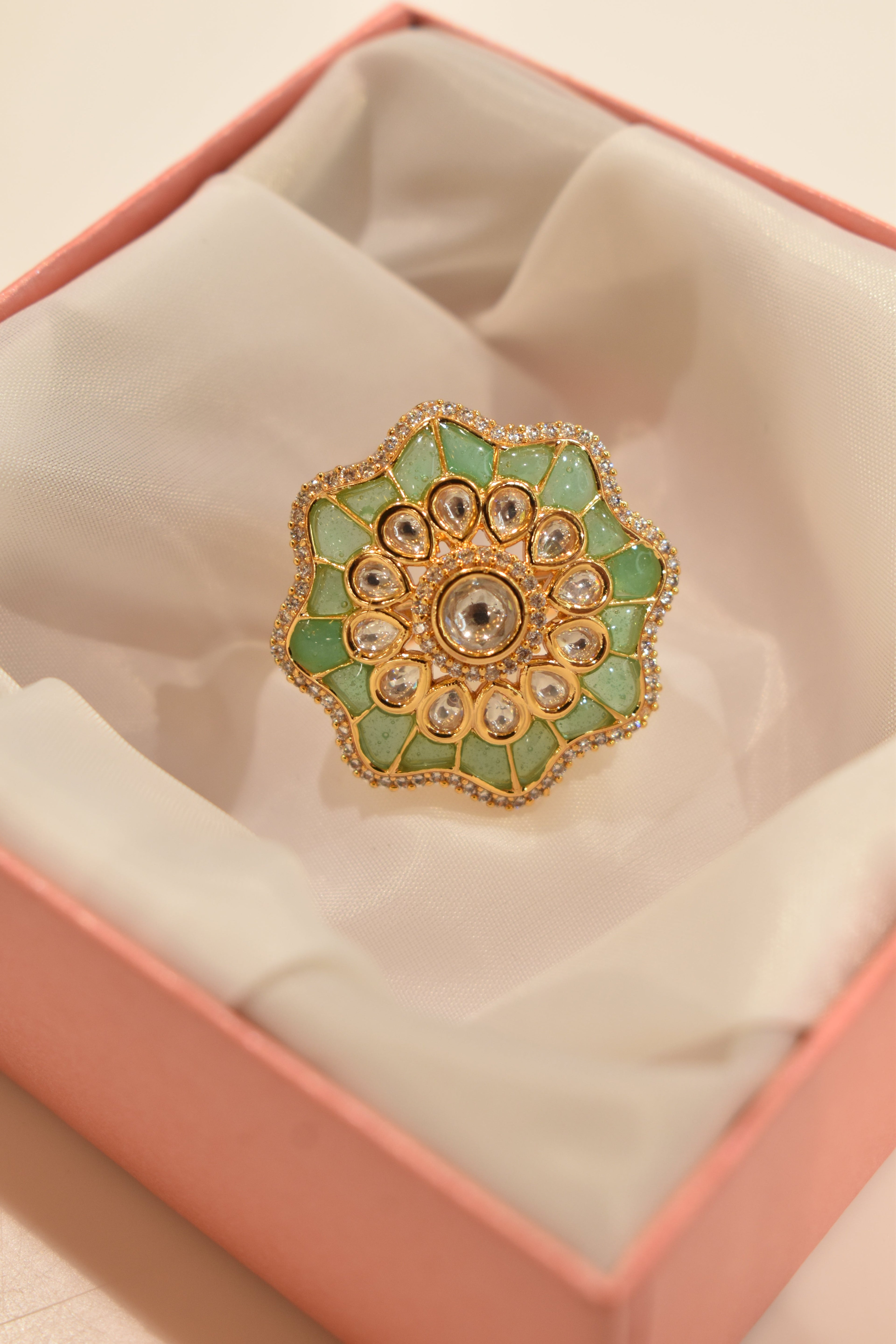 Transparent Light Green Kundan Stone Ring