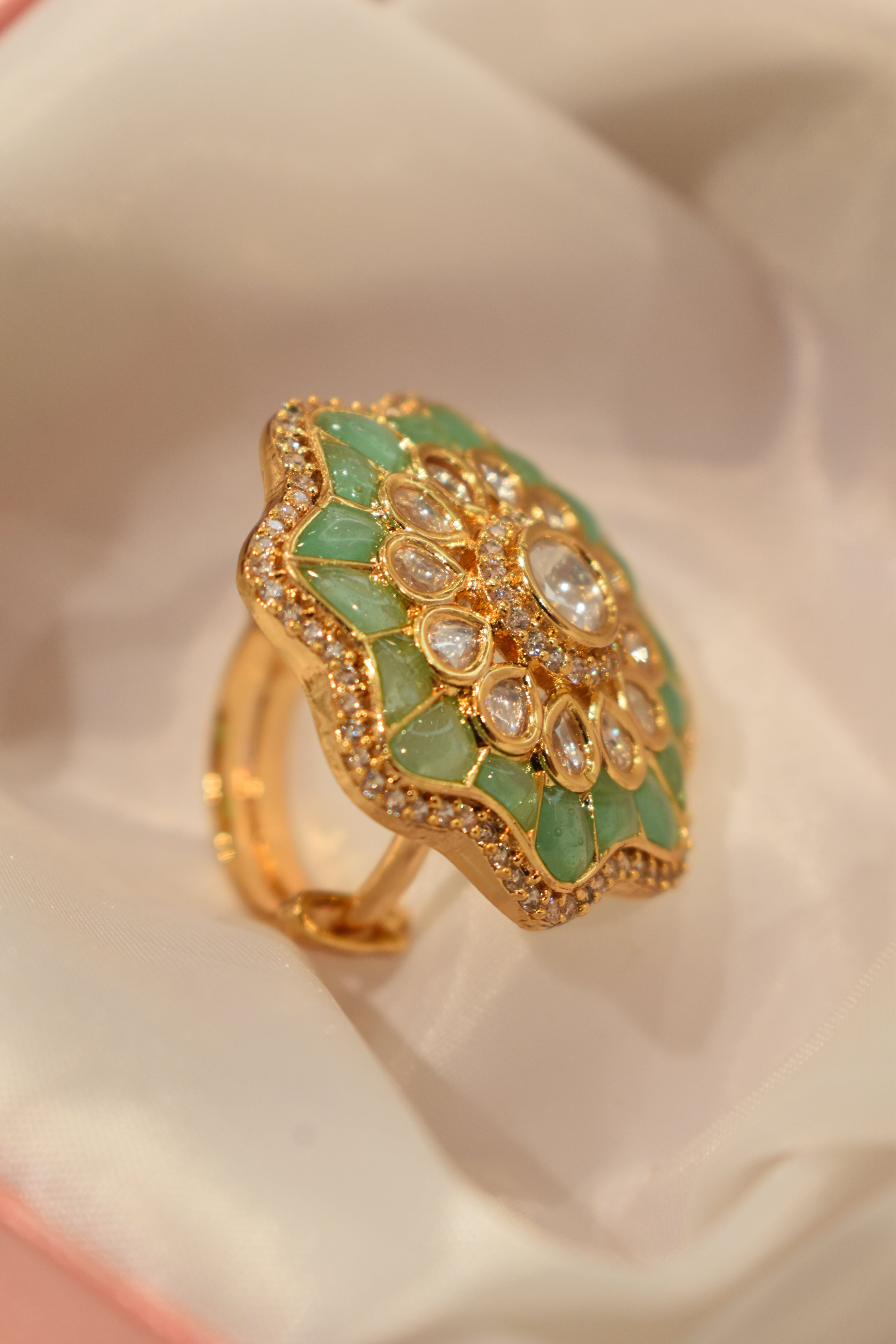 Transparent Light Green Kundan Stone Ring