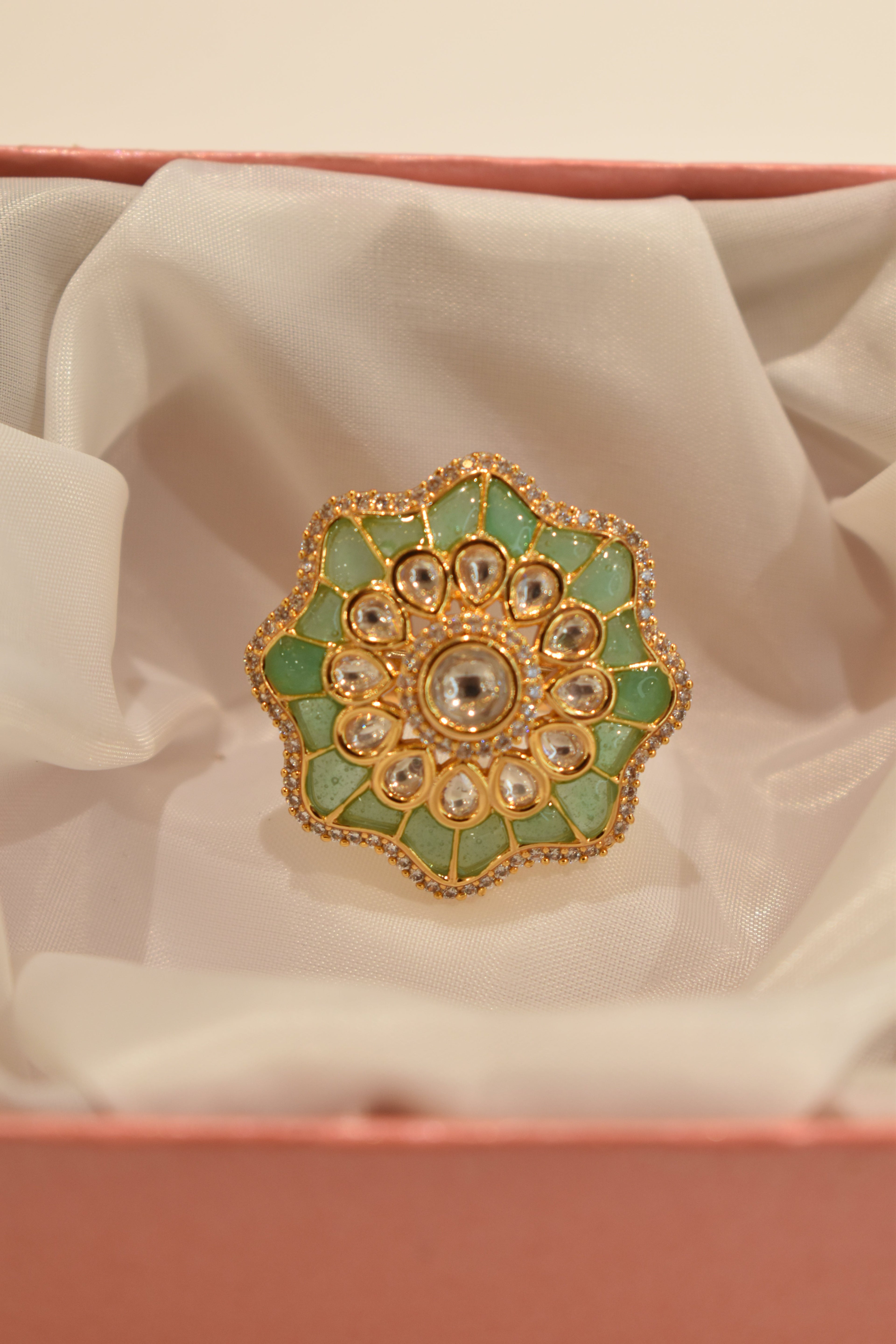 Transparent Light Green Kundan Stone Ring