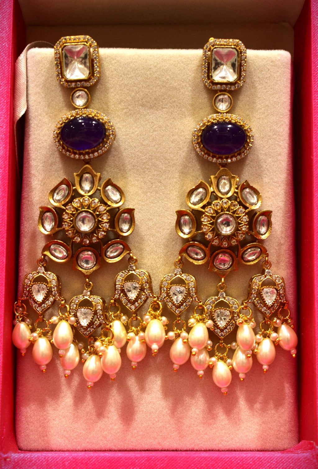 Classic Kundan & White Oval Pearls Droppings Earrings