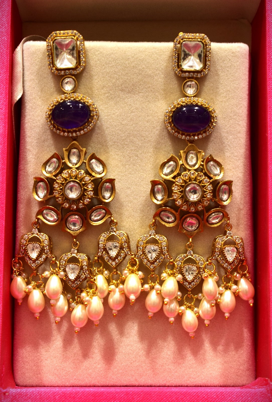 Classic Kundan & White Oval Pearls Droppings Earrings