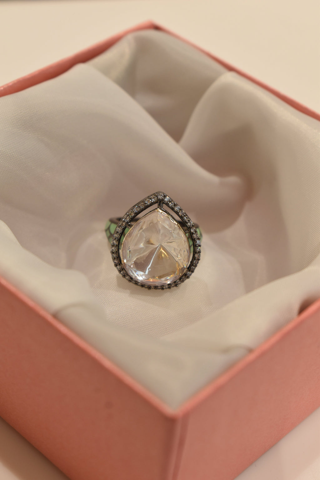 Classic Kundan Single Stone Green Coloured Design Ring