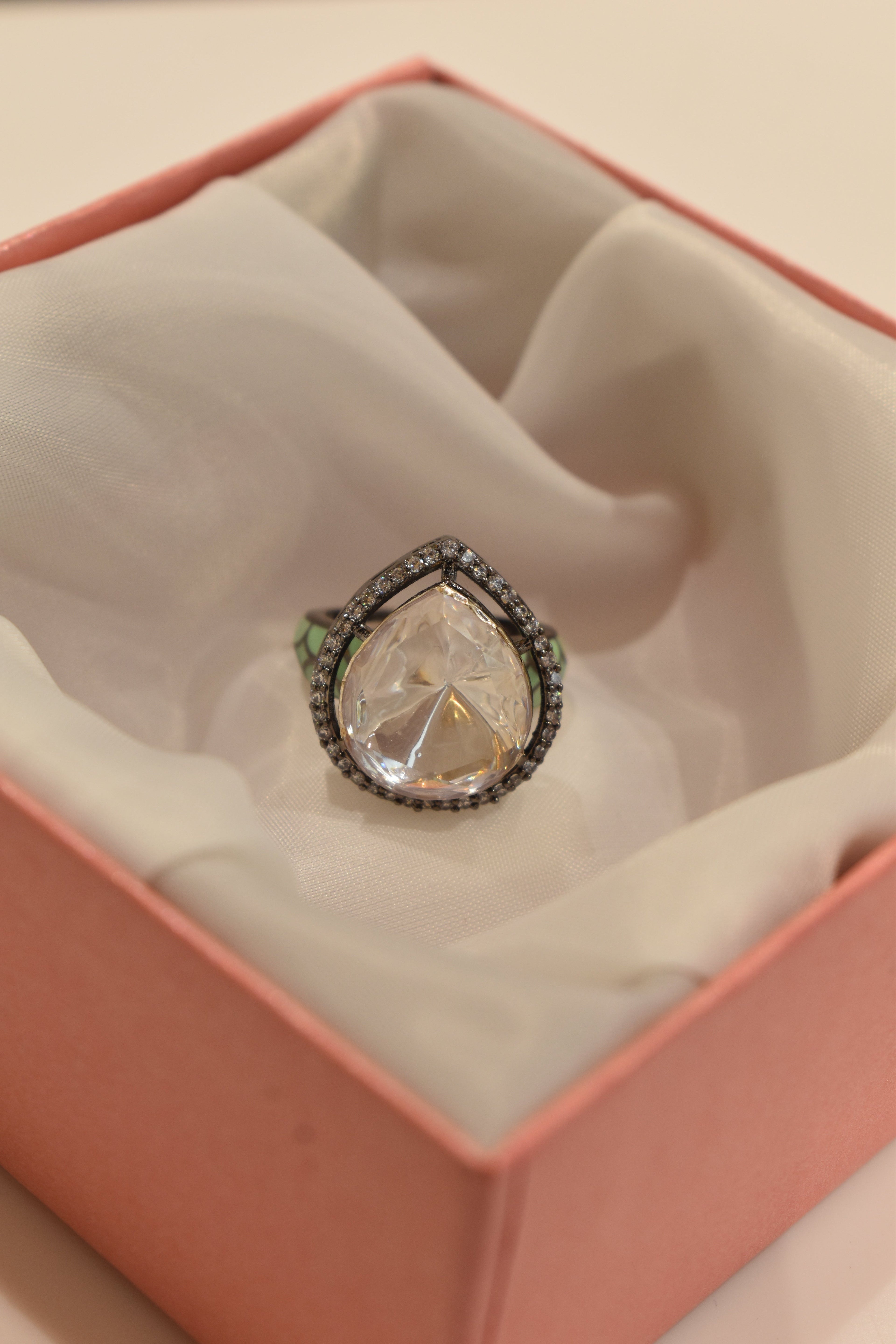 Classic Kundan Single Stone Green Coloured Design Ring