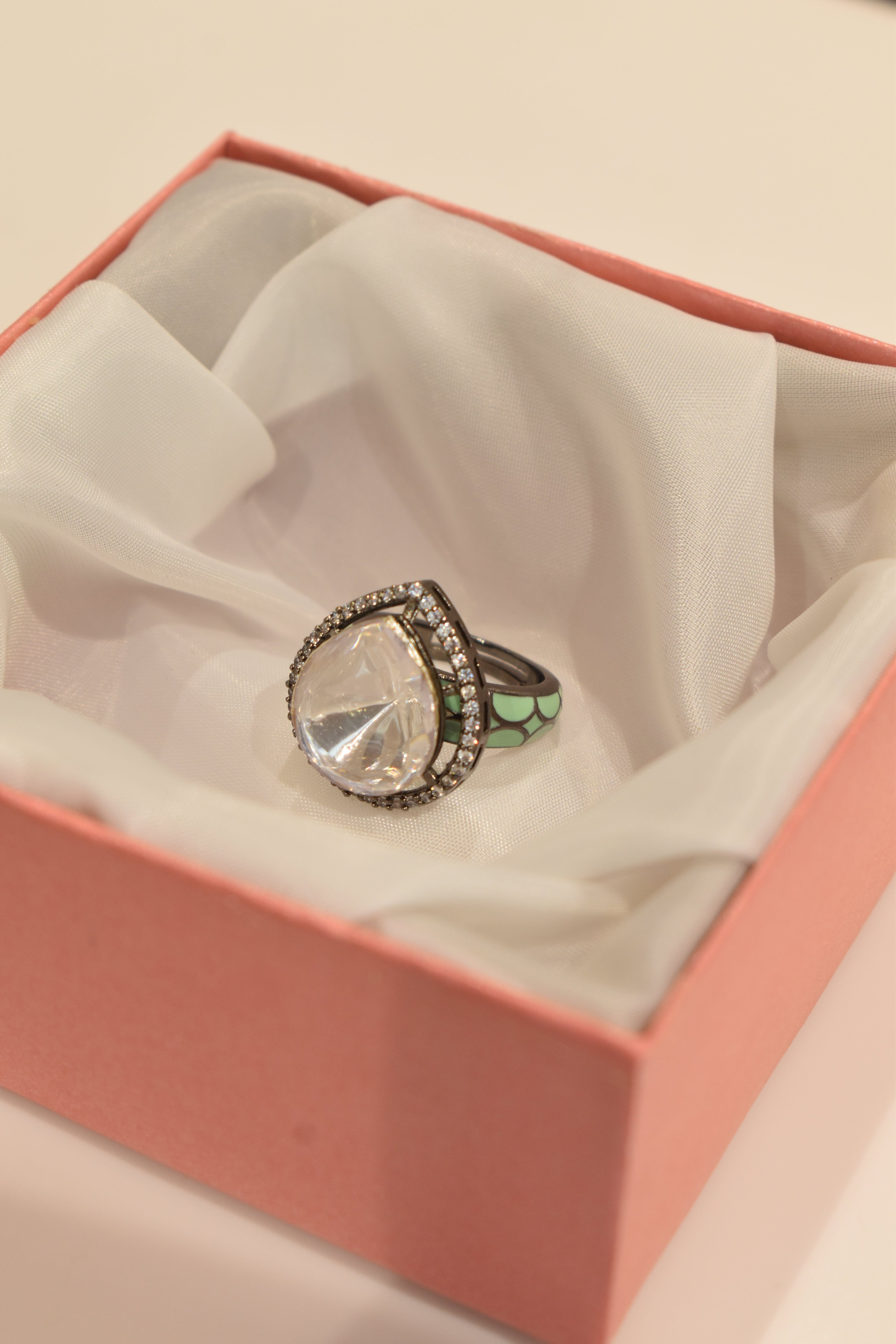Classic Kundan Single Stone Green Coloured Design Ring