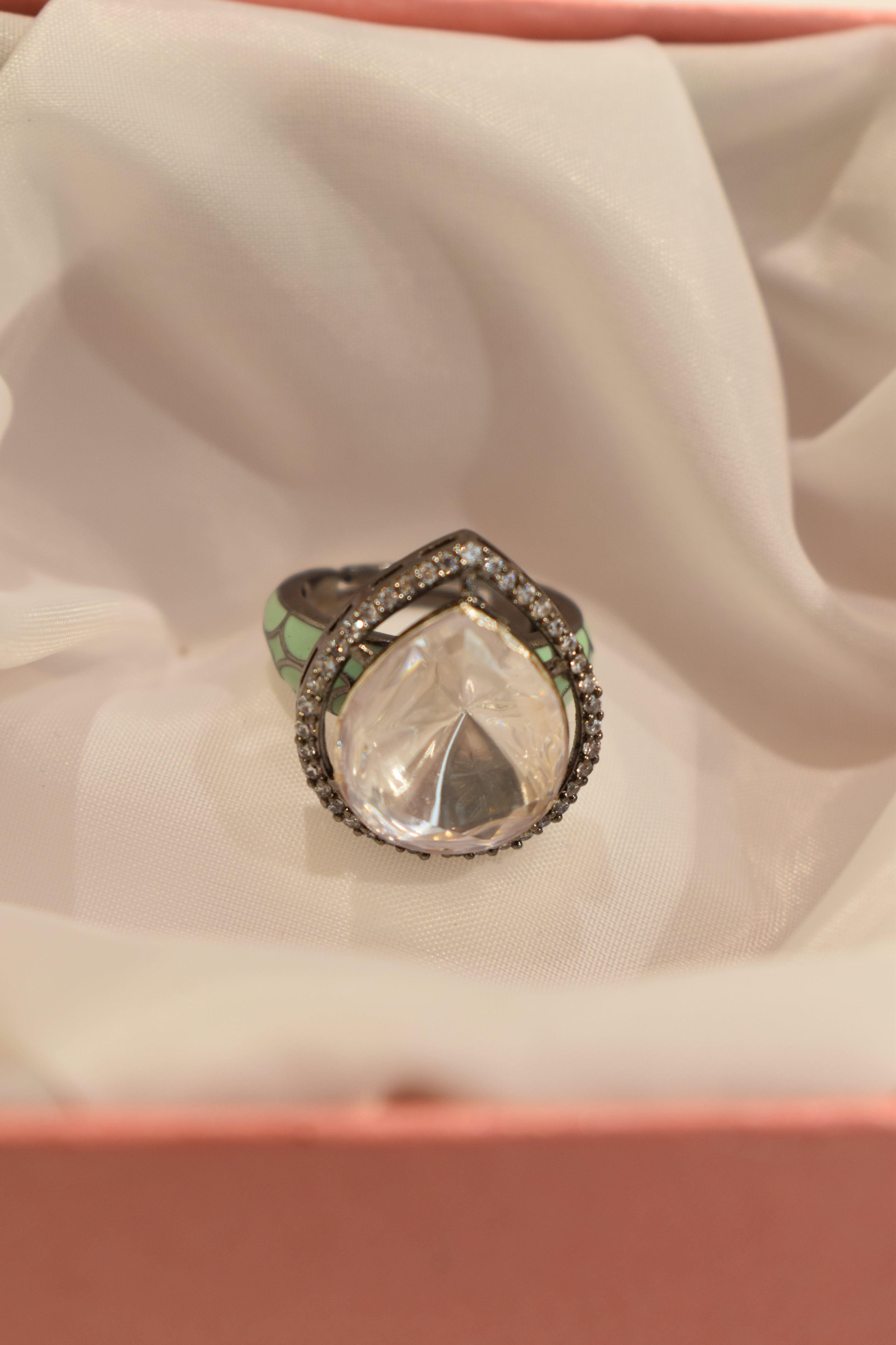 Classic Kundan Single Stone Green Coloured Design Ring