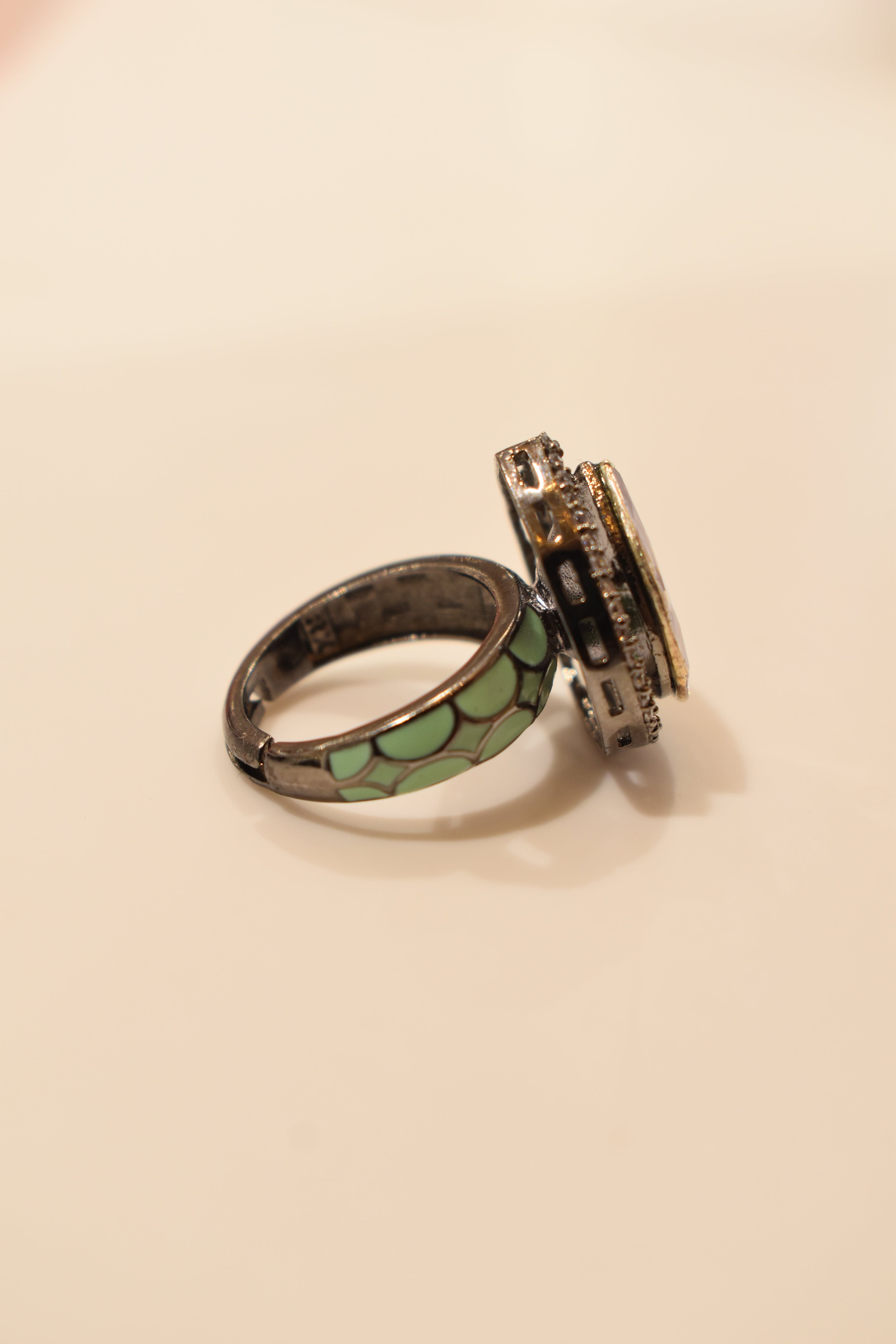 Classic Kundan Single Stone Green Coloured Design Ring